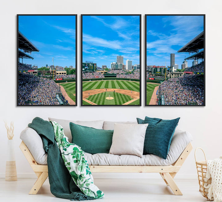 Panoramic view of Wrigley Field, ideal for the Wrigley Field Chicago Cubs Panoramic Canvas Wall Art - Ready to Hang.