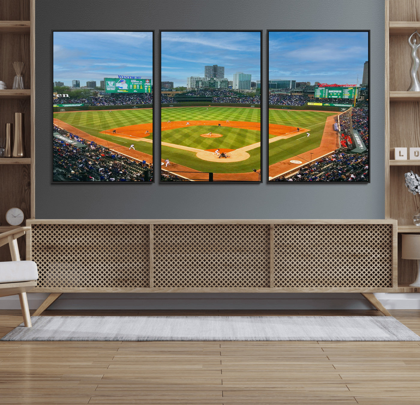 86839-MGV-FC-60X30-3P_Black-Wrigley Field Chicago Cubs Panoramic Canvas Print – Multi-Piece Iconic Baseball Stadium Wall Art for Home, Office
