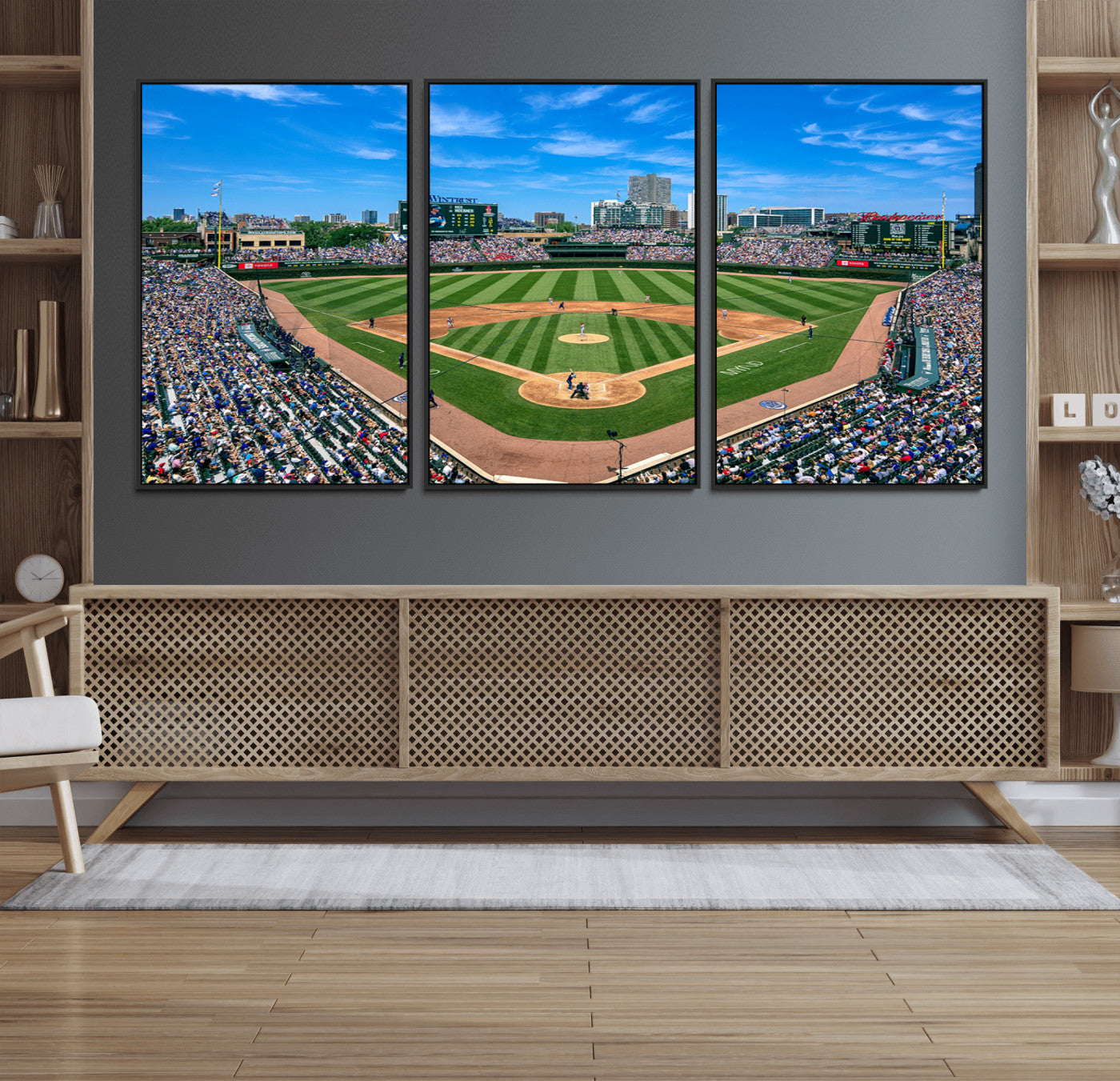 26064-MGV-CV-30X20-Framed Wrigley Field Chicago Cubs Print, Panoramic Multi Piece Canvas Wall Art - Iconic Baseball Stadium Print for Sports Lovers - Ready to