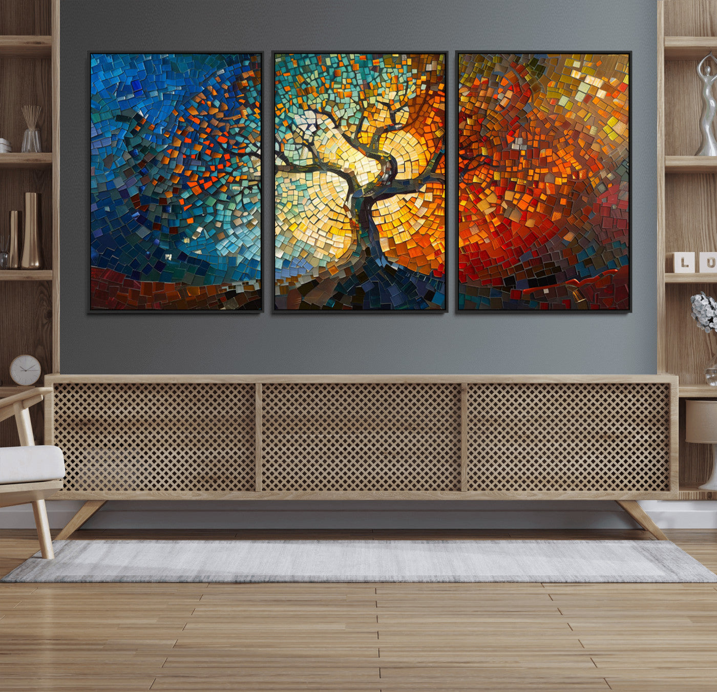 66056-MGV-FC-60X30-3P_Black-Mosaic Tree Canvas Wall Art Canvas Print – Vibrant Stained Glass-Inspired Tree of Life - Ready to