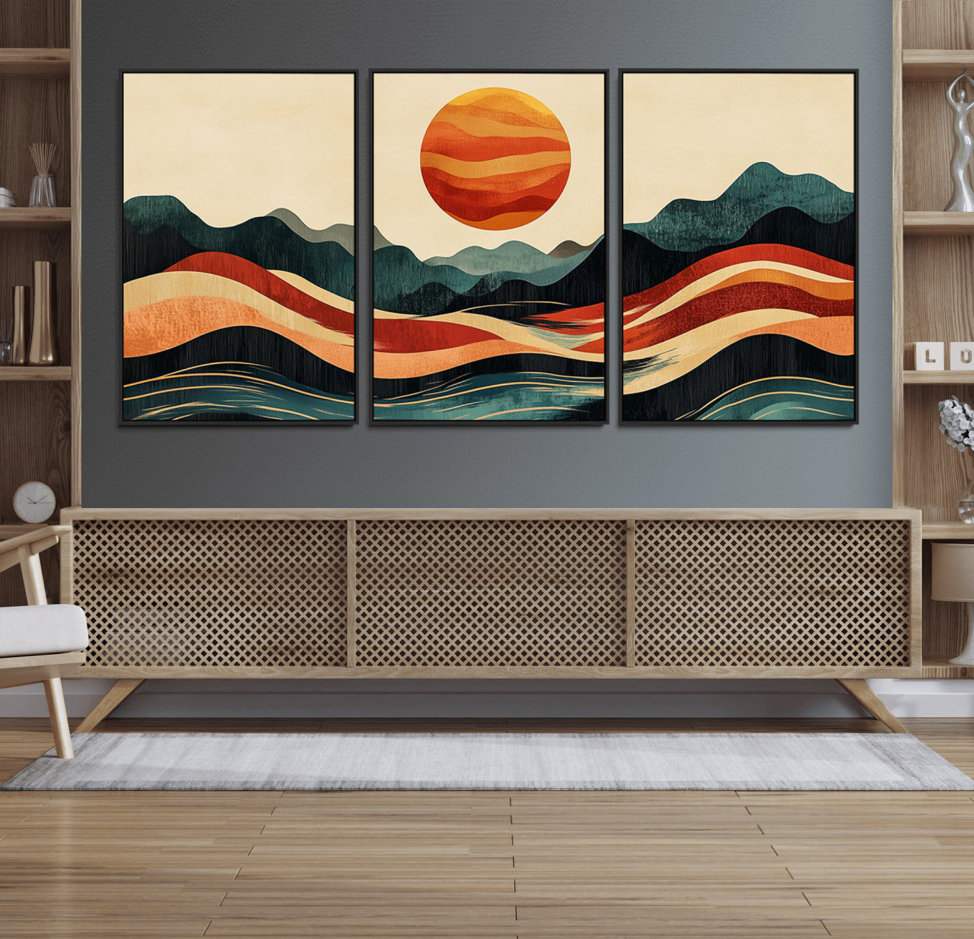 MGV-FC-60X30-3P - Mountain Triptych Wall Art - Western Nature Prints - Framed Boho Pine Tree Canvas for Log Cabin or