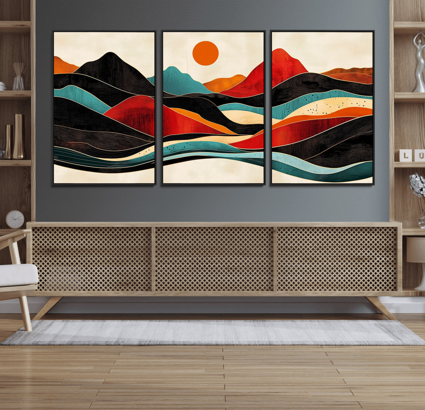 29227-MGV-FC-60X30-3P_Black-Western Wall Decor - Large Triptych Mountain Canvas - Boho Woodland Wall Art Print - Framed