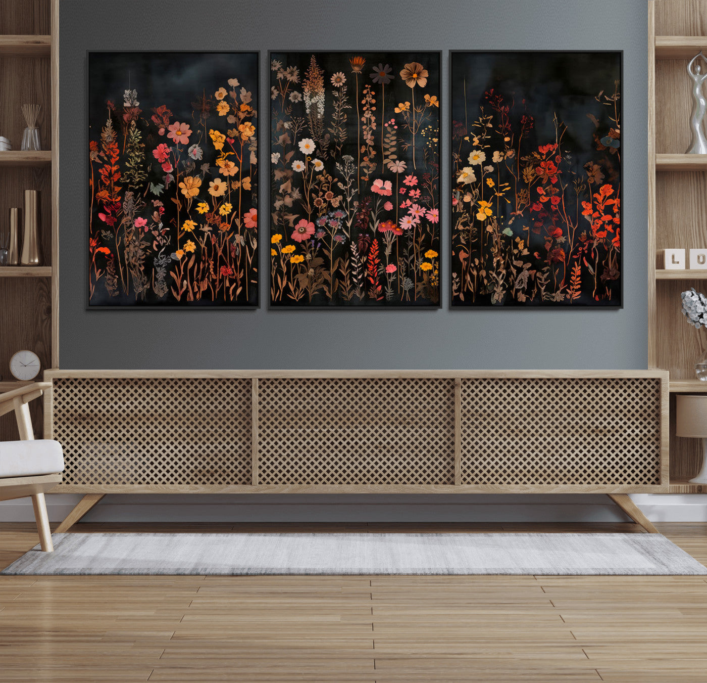 MGV-FC-60X30-3P - Dark Floral Canvas Wall Art - Moody Botanical Flower Print - Rustic Floral Wall Decor for Home -