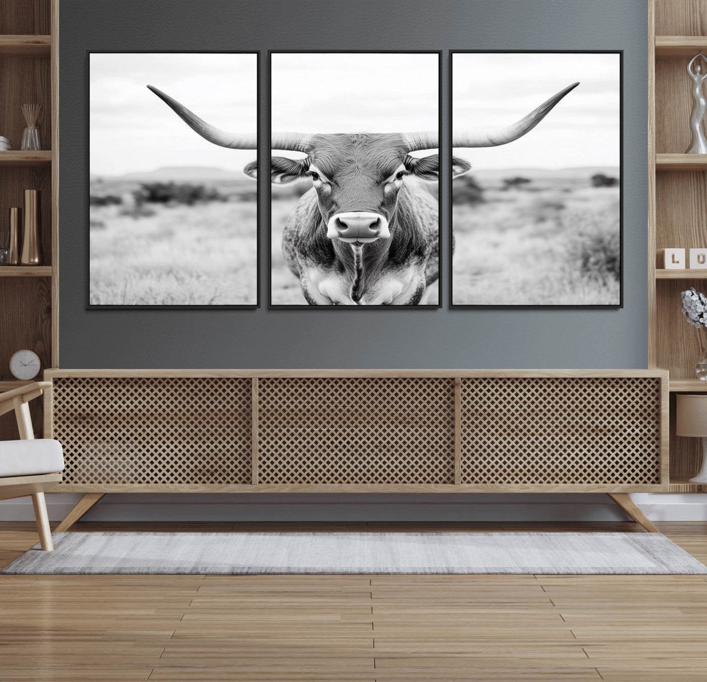 MGV-FC-60X30-3P - Highland Cow Wall Art Print - Black and White Texas Western Longhorn Canvas - Farmhouse Decor Print