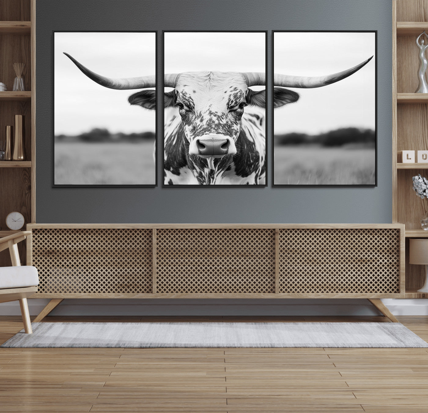 MGV-FC-60X30-3P - Highland Cow Wall Art - Black and White Western Longhorn Canvas Print - Farmhouse Living Room Decor