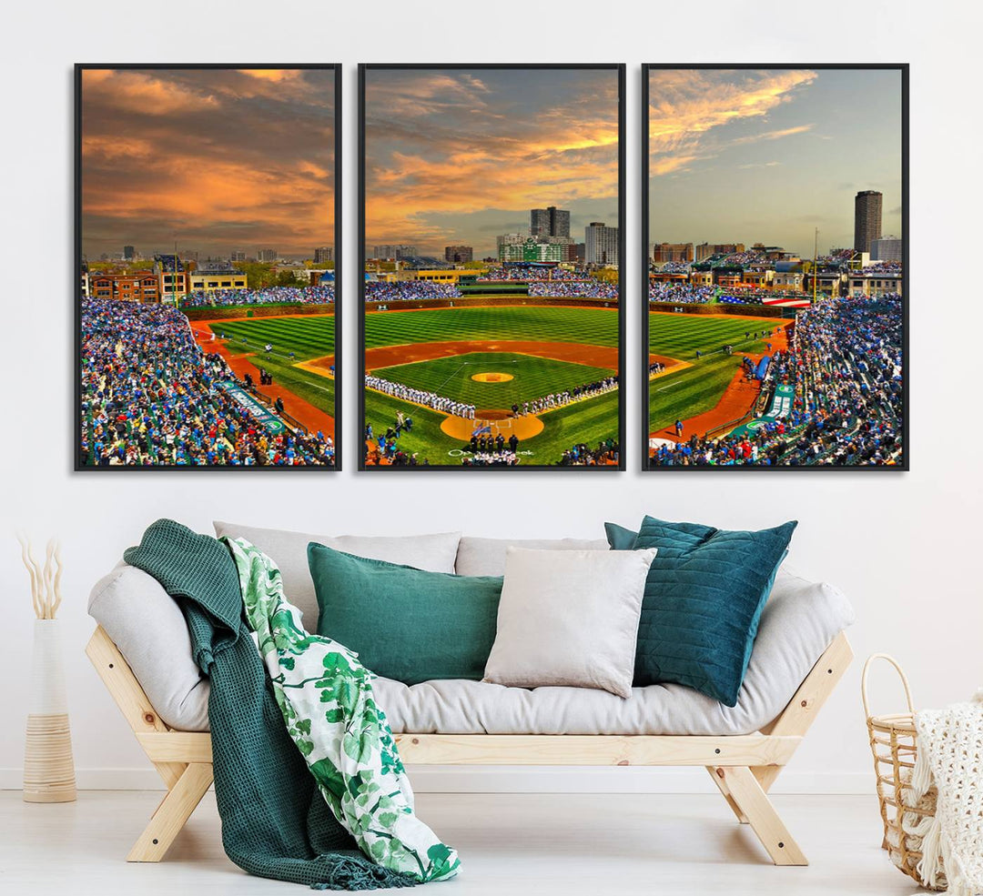 Aerial view of Wrigley Field at sunset against a vibrant sky, creating the perfect Chicago Wrigley Field Canvas Wall Art.