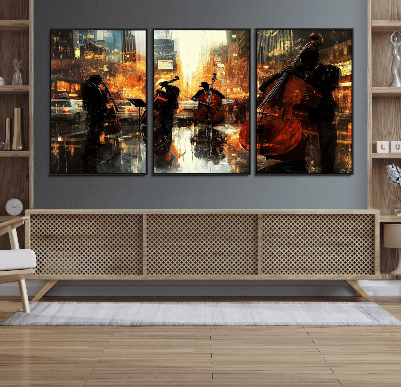 22398-MGV-FC-60X30-3P_Black-African American Abstract Jazz Wall Art - Framed Abstract Music Canvas - Colorful Instrument Canvsa