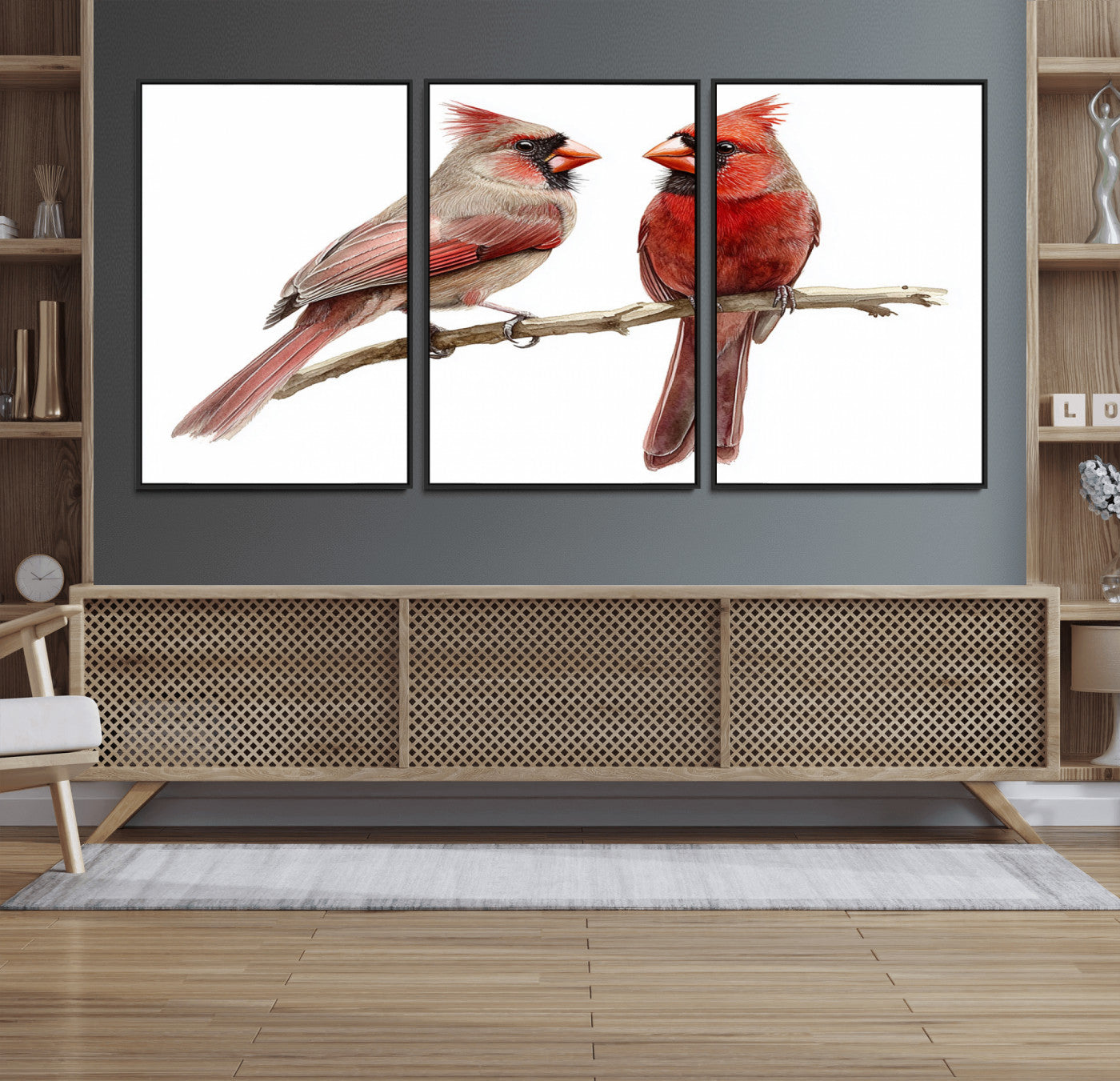 MGV-FC-60X30-3P - Cardinal Bird Canvas Wall Art - Male and Female Cardinal Print - Abstract Bird Wall Decor for Home -