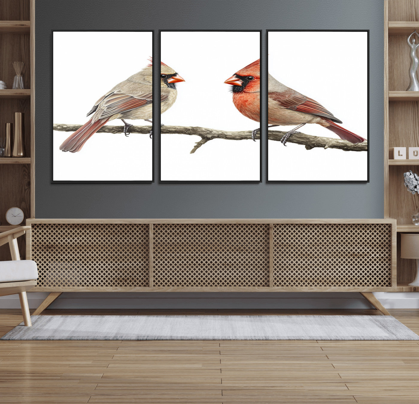 MGV-FC-60X30-3P - Cardinal Canvas Wall Art - Male and Female Cardinal Print - Nature-Inspired Bird Wall Decor for Home