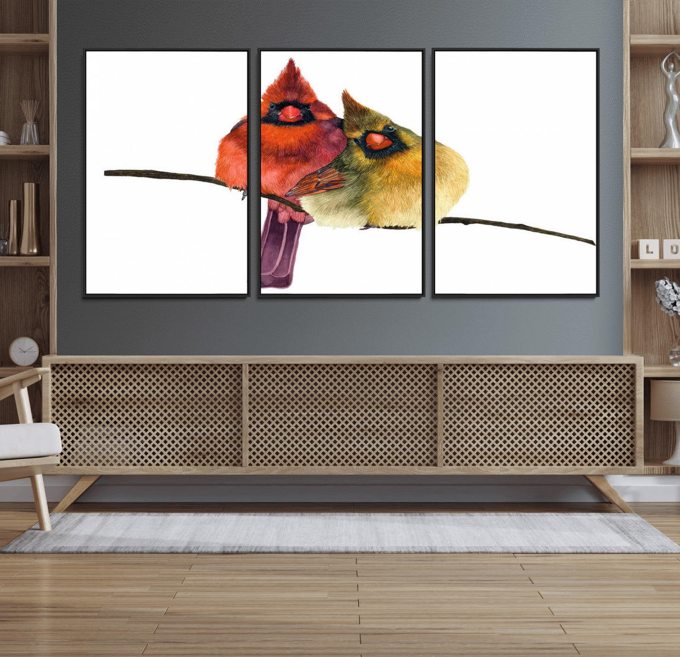 MGV-FC-60X30-3P - Cardinal Bird Canvas Wall Art - Male and Female Cardinal Print - Nature-Inspired Bird Wall Decor for
