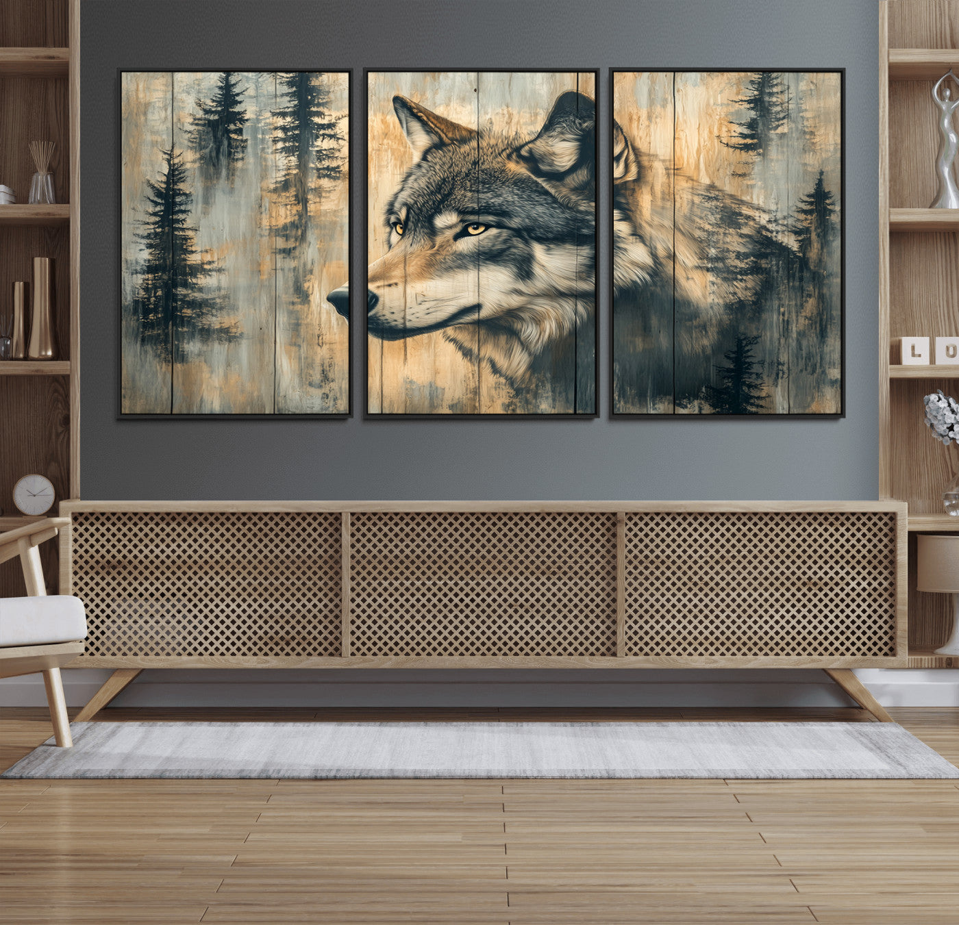 51892-MGV-FC-60X30-3P_Black-Wood Style Rustic Wolf Wall Art Canvas Print, Vintage Woodland Wolf Wall Art, Framed Wood Style Wolf
