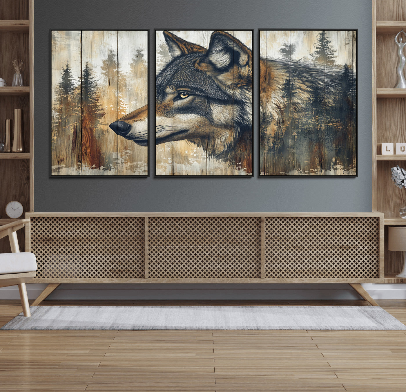 MGV-FC-60X30-3P - Rustic Wolf Wall Art Canvas Print, Vintage Woodland Wolf Wall Art