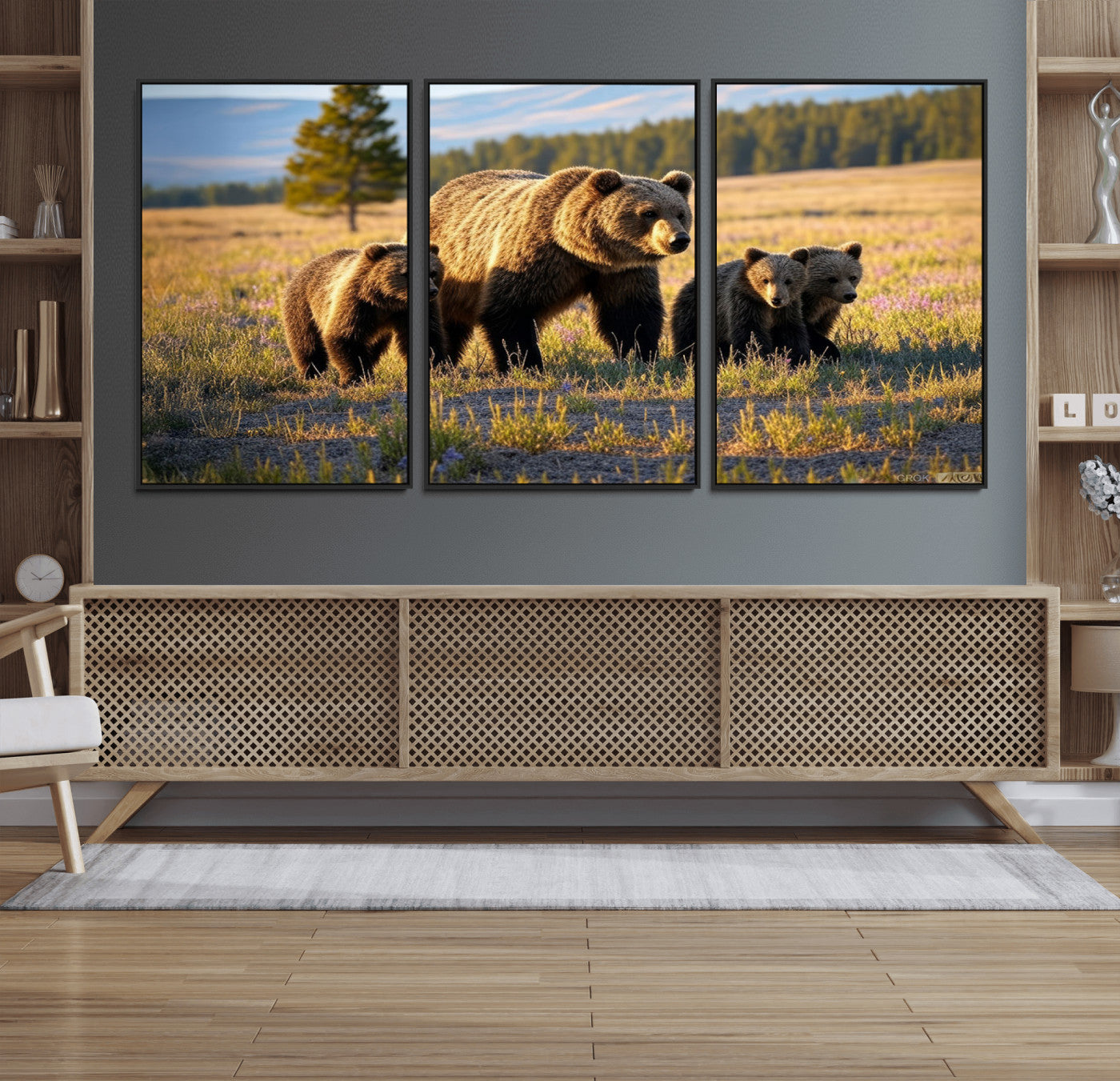 MGV-FC-60X30-3P - Grizzly 399 in Wild Flowers Wall Art Canvas Print, Grizzly Bears Wall Art, Queen of Grand Teton