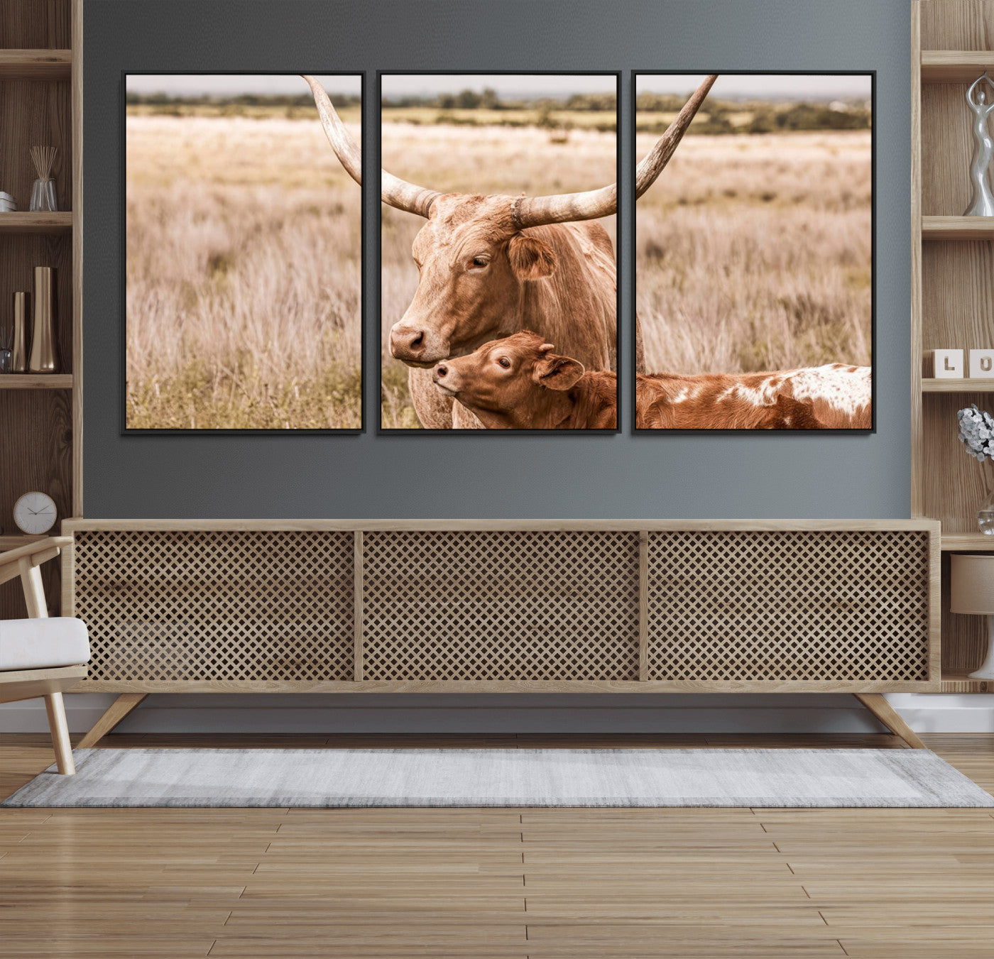 MGV-FC-60X30-3P - Texas Longhorn Cow Wall Art Canvas Print for Farmhouse Wall Art, Texas Decor, Western Wall Art Print