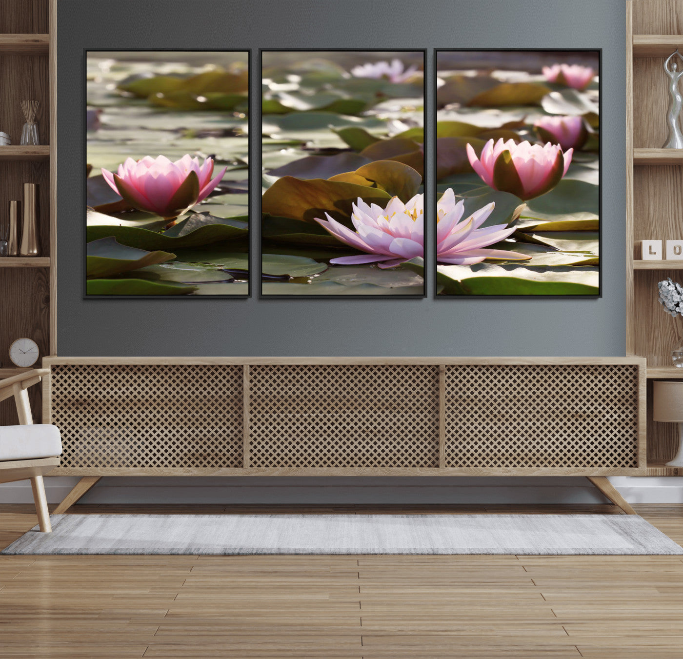 28394-MGV-FC-60X30-3P_Black-Lotus Flower Wall Art Canvas Print, Water Lily Large Wall Art Canvas Print for Yoga Room Decor,