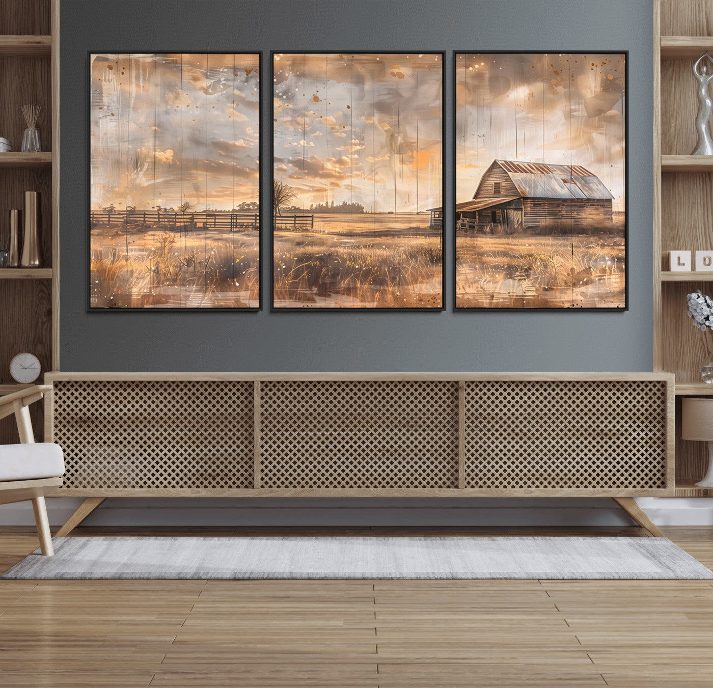 FARM2-MGV-FC-60X30-3P_Black-Rustic Farmhouse Wall Art Canvas Print | Barn and Field Canvas Print | Vintage Country Landscape