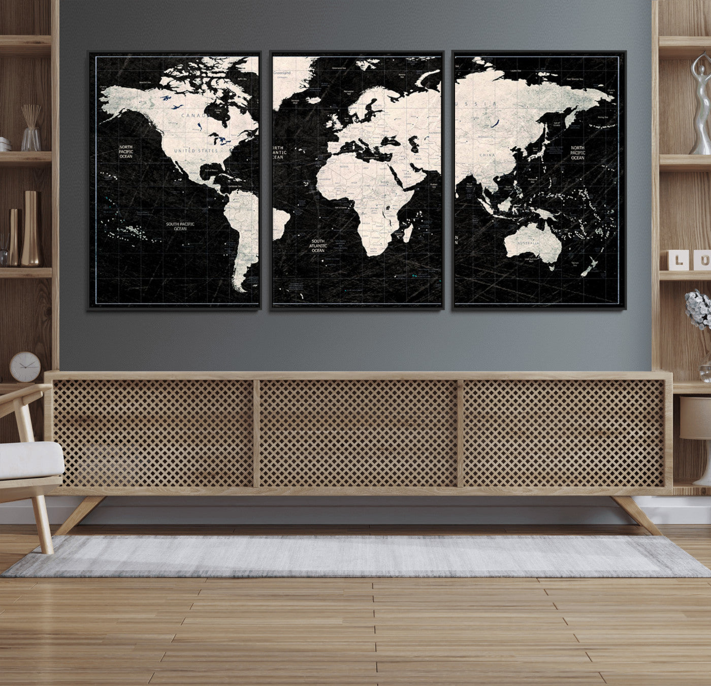 N50Black-MGV-FC-60X30-3P_Black-Push Pin World Map Canvas Print – Framed Travel Tracker Wall Art for Couples, Anniversary Gift and Elegant Home Decor