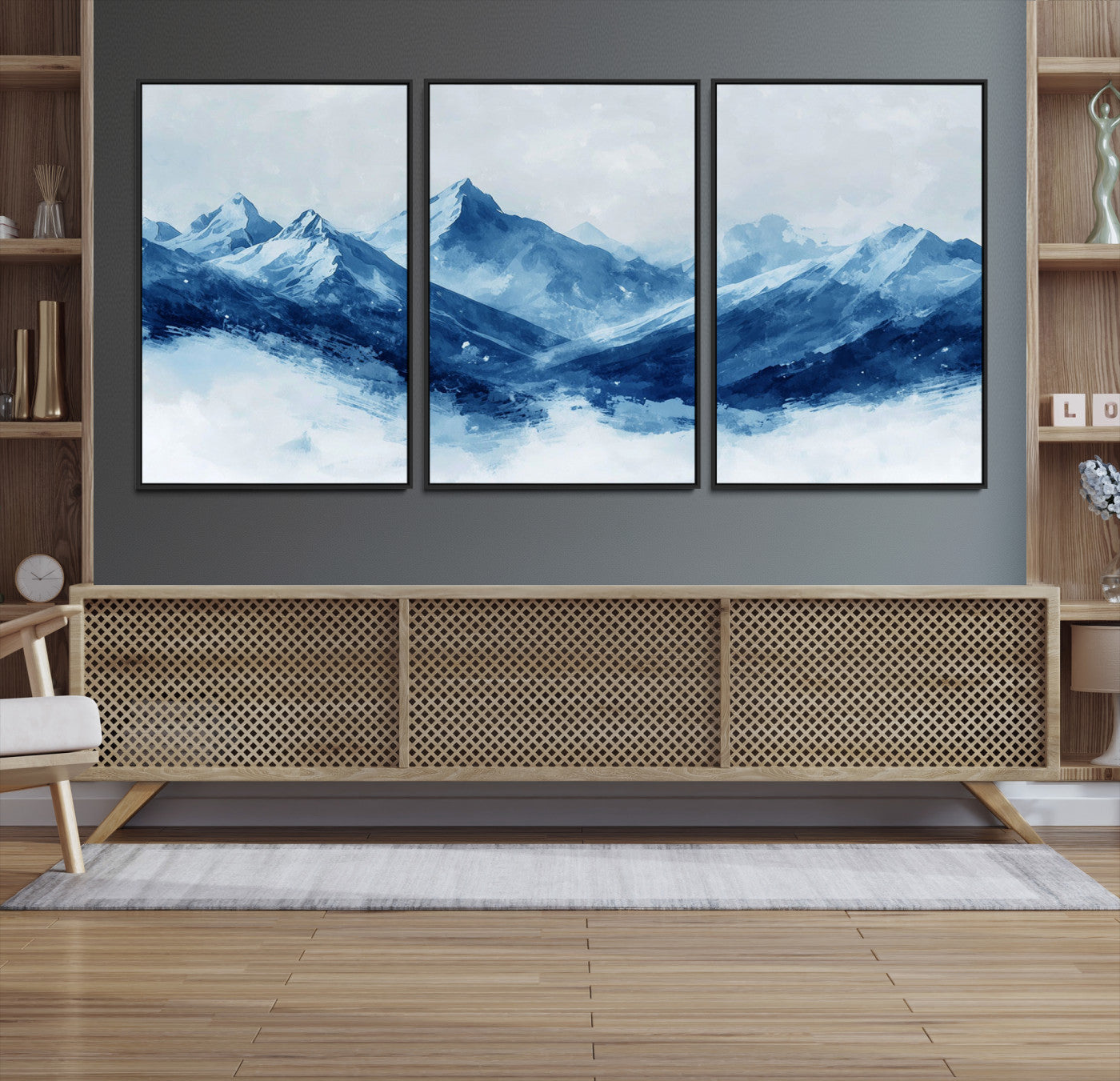 Peaceful watercolor-style painting of snowy blue mountains in soft tones, perfect for winter-themed or minimalist wall decor.