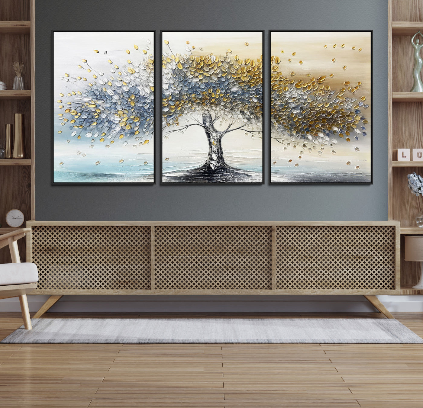 Canvas of a silver and gold textured tree with a soft neutral background, ideal for elegant and minimalist home decor styles.