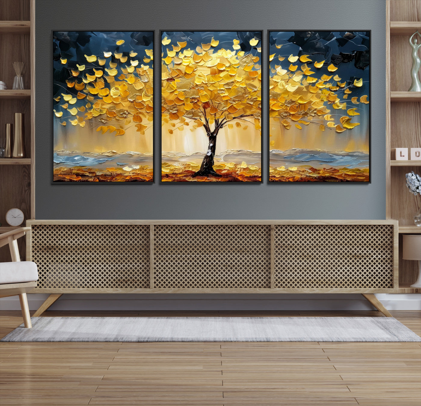 Canvas of a golden autumn tree with textured brushstrokes and moody blue skies, perfect for dramatic and vibrant home decor.
