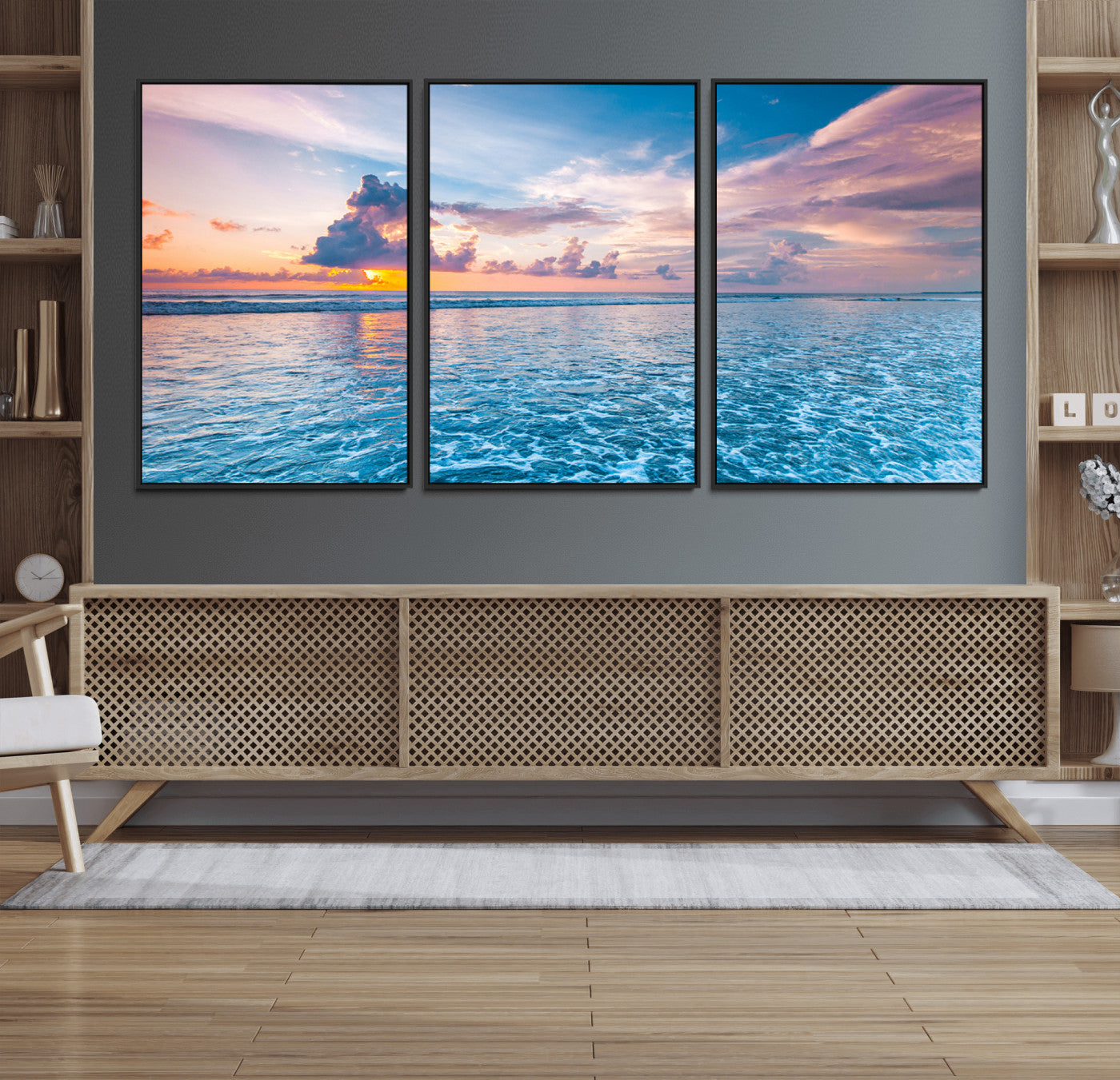 MGV-FC-60X30-3P - Ocean Sunset Canvas Wall Art Print - Tranquil Seascape with Vibrant Sky and Rolling Waves Canvas