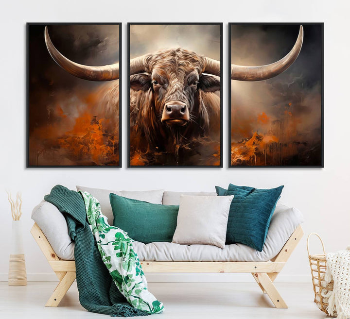 A Highland Bull with striking horns is depicted in a fiery abstract style on a ready-to-hang wall art canvas, evoking strength.