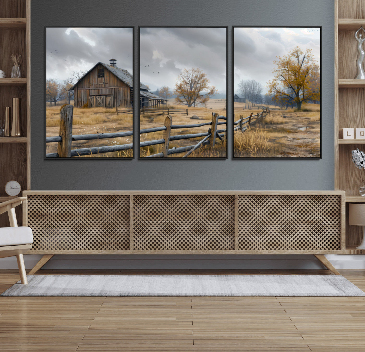MGV-FC-60X30-3P - Rustic Autumn Farmhouse Wall Art Canvas Print – Serene Countryside Scene with Weathered Barn and