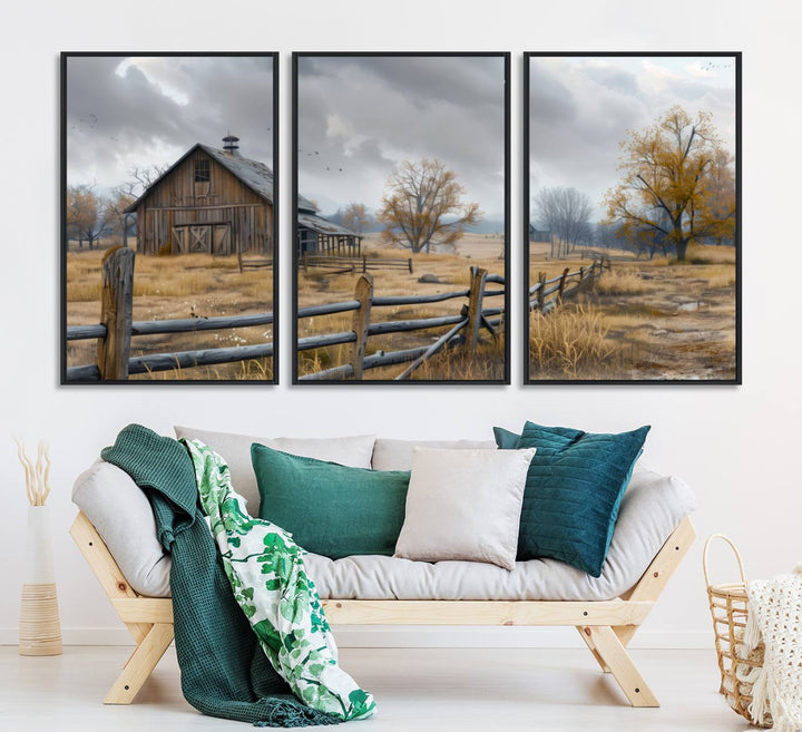 Rustic Autumn Farmhouse Wall Art – Weathered Barn & Trees Canvas Print, featuring a serene scene with birds in the sky. This piece is ready to hang.