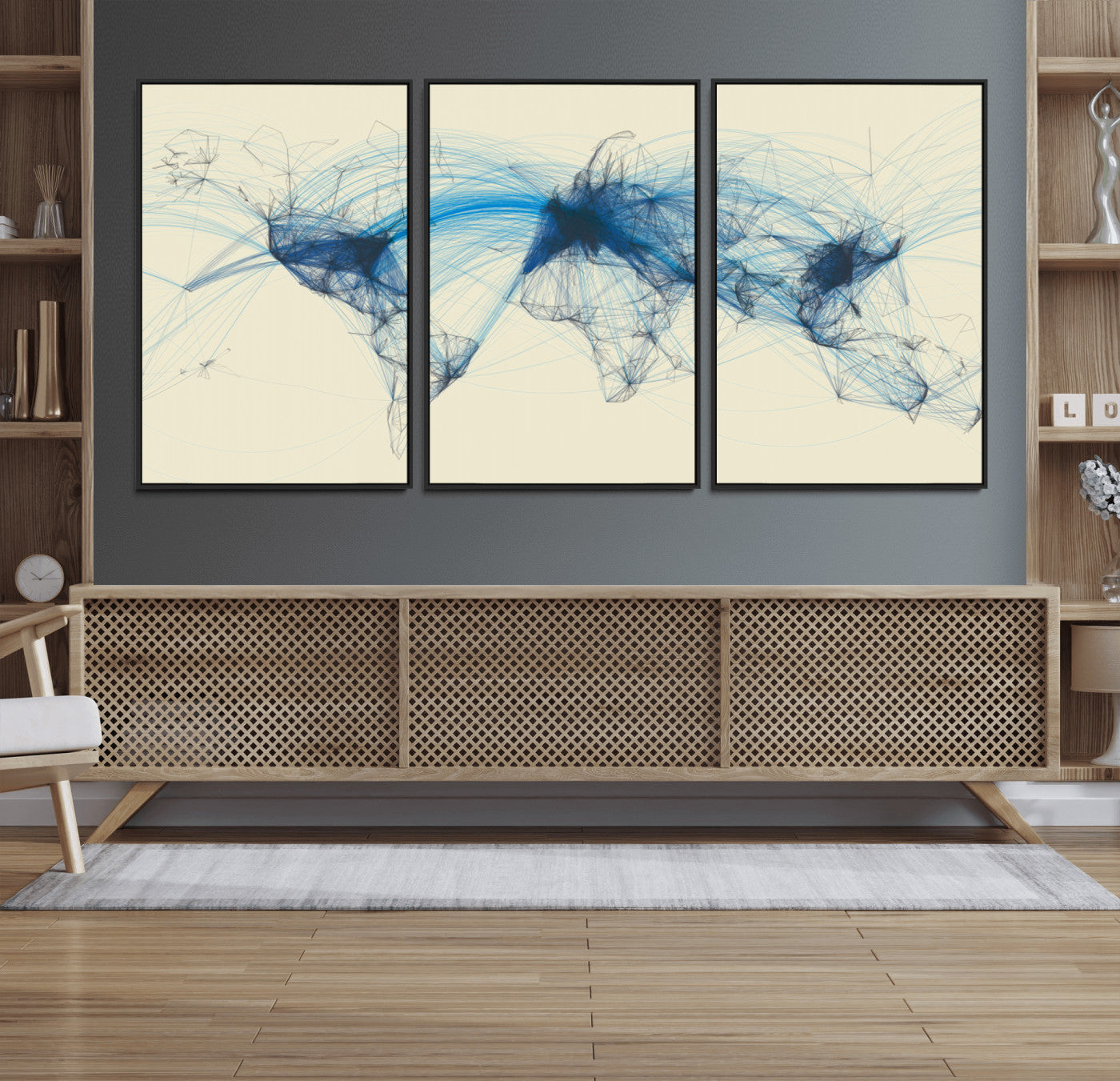 Map-Blue-Contract-MGV-CV-36X24-Flight Routes Map Art – Modern Air Traffic World Map Canvas Print with Blue Connections, Framed Wall Art for Office or Home Decor