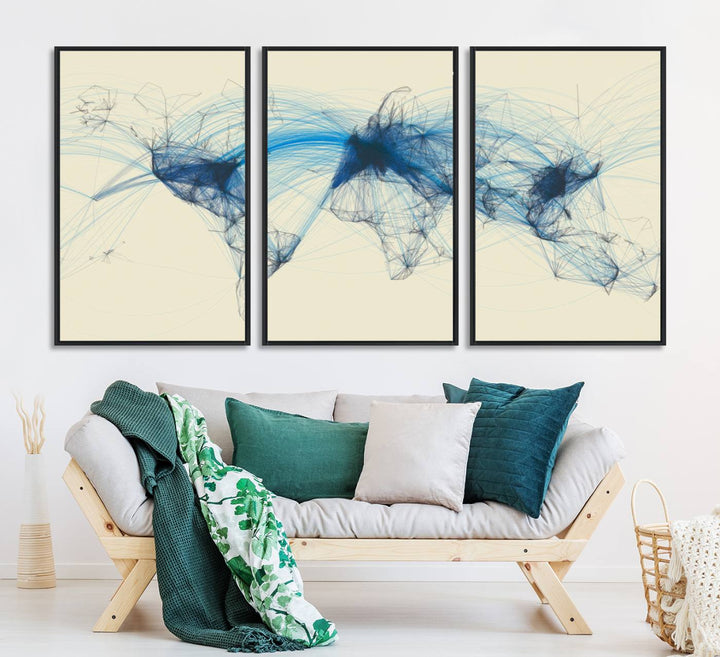 Flight Routes Map: Air Traffic Avi World Map featuring blue lines symbolizing global data. Ideal for home decor and ready to hang.