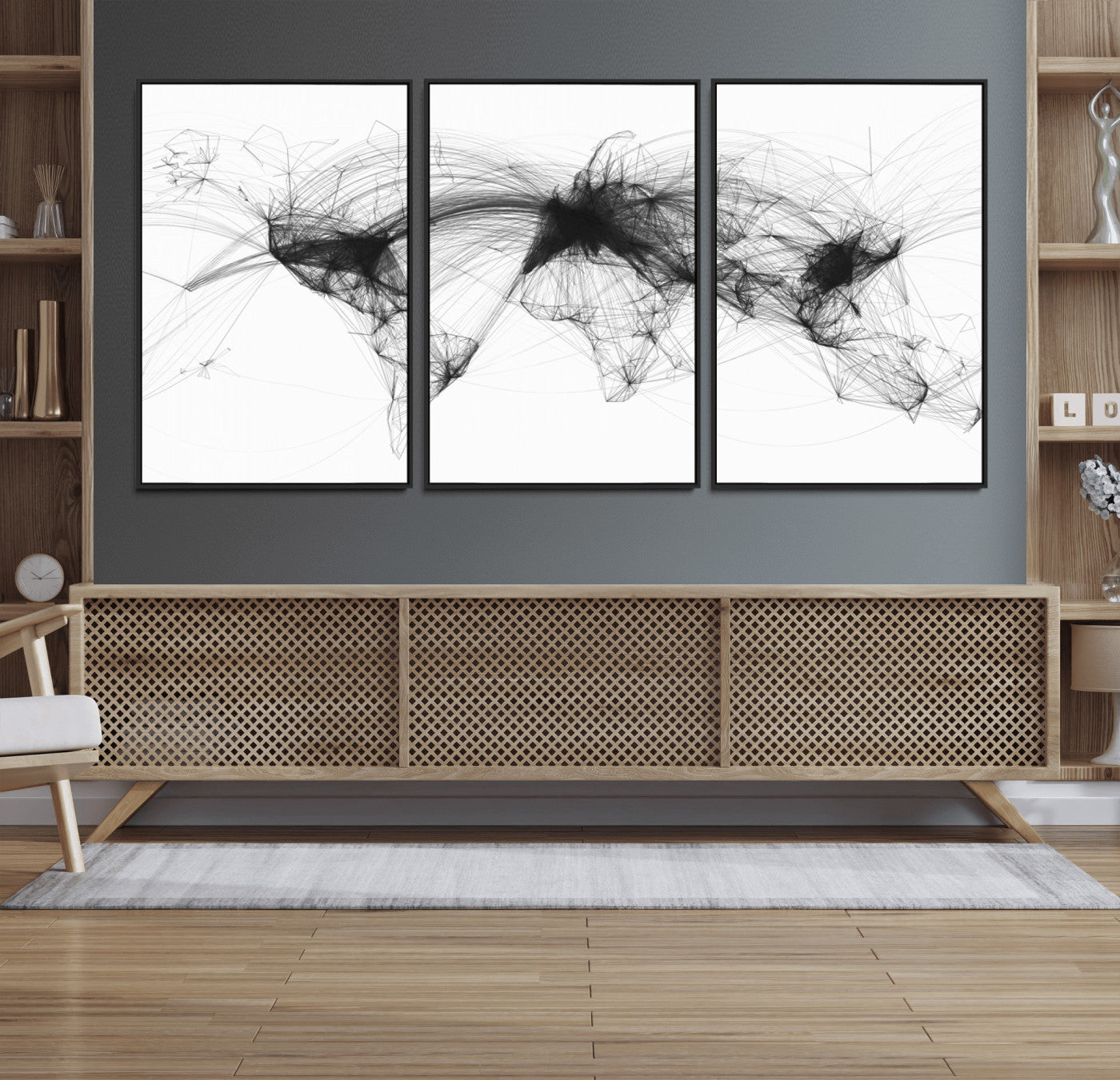 Black-Flight-Routes-MGV-FC-60X30-3P_Black-Flight Routes Air Traffic Map Canvas Wall Art - Framed - Ready to Hang