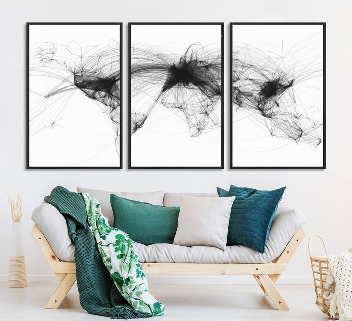 The Flight Routes Air Traffic canvas wall art, framed and ready to hang, is perfect for aviation enthusiasts.