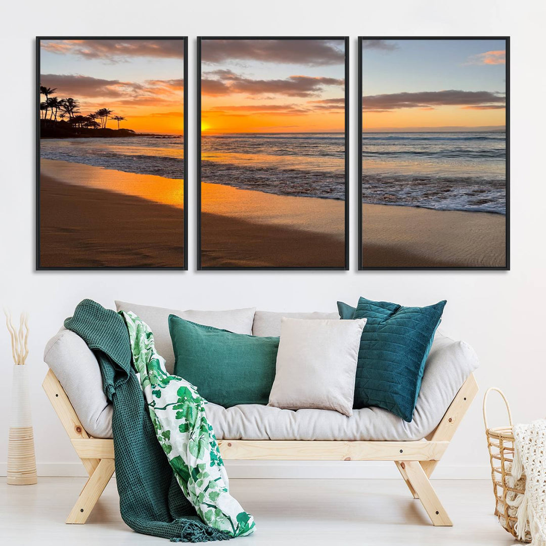 Sunset Wall Art Print featuring a beach sunset with waves and palms, perfect for coastal decor.