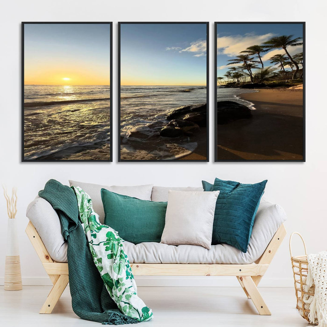 A serene tropical sunset on canvas, featuring palms and waves, serves as perfect Tropical Beach Wall Art for home or office decor.