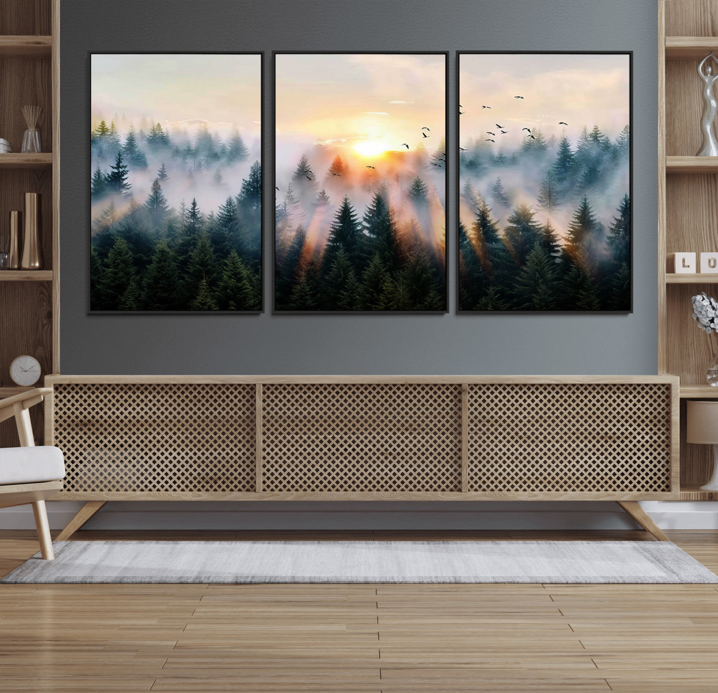 FRSABS1-MGV-FC-60X30-3P_Black-Abstract Forest Wall Art - Serene Nature Canvas Print with Misty Forest Design for Modern Home or