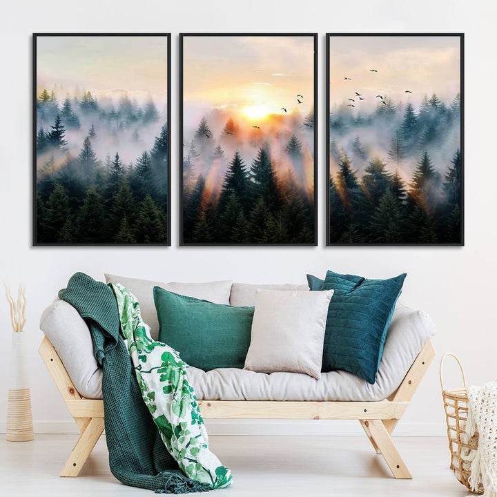 Sunrise over a misty forest with rays filtering through trees in the Abstract Forest Wall Art featuring soaring birds.