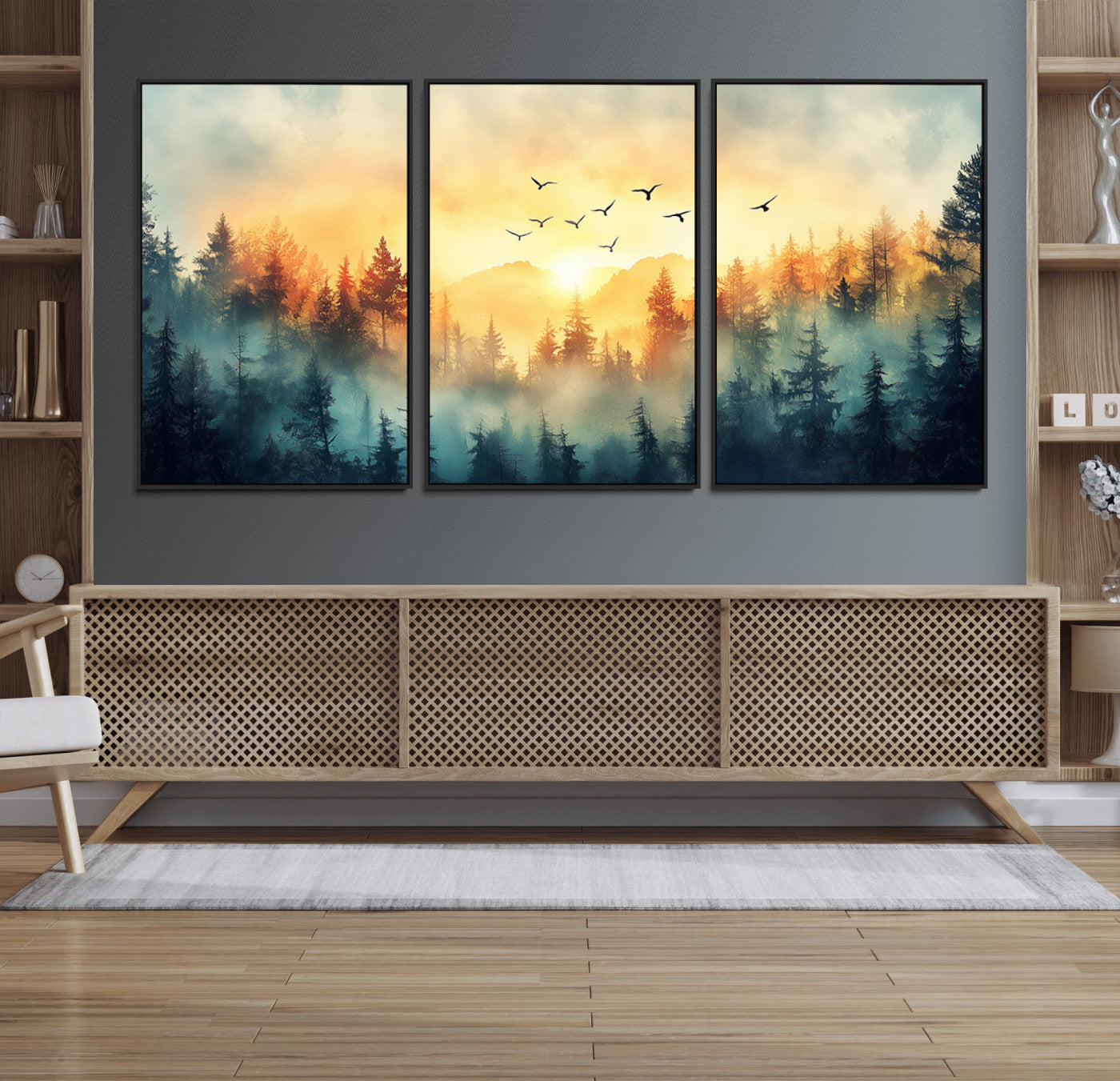 FRSABS2-MGV-FC-60X30-3P_Black-Abstract Forest Wall Art Print- Serene Nature Canvas Print with Misty Forest Design for Modern Home