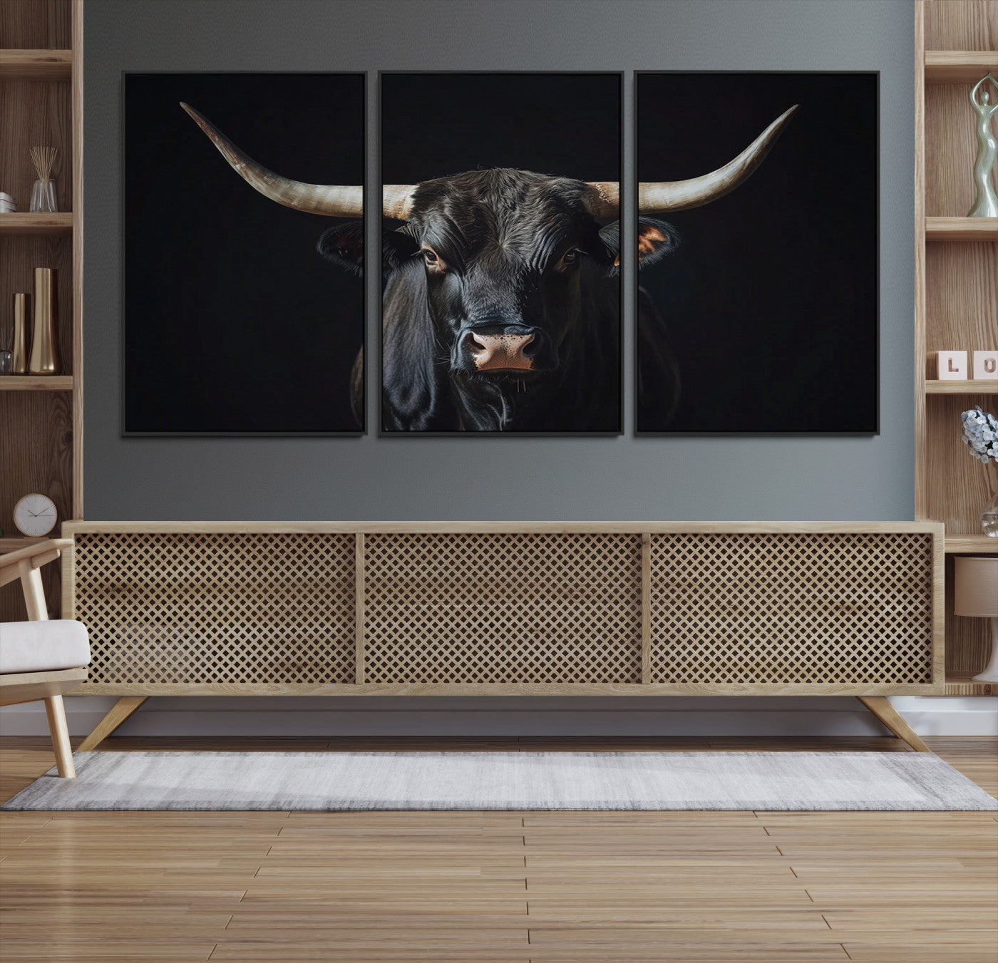 Canvas of a black longhorn bull against a dark background, featuring moody tones and western character for rustic or cowboy-inspired spaces.