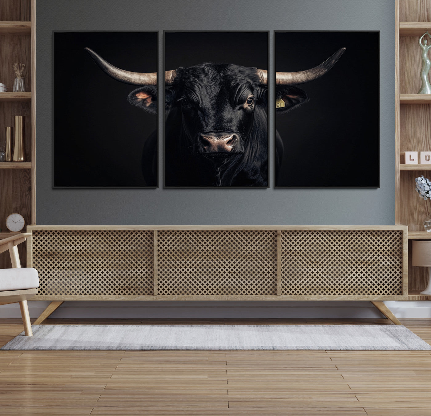 Canvas featuring a black horned bull in moody lighting on a dark background, perfect for western or rustic farmhouse-style home decor.