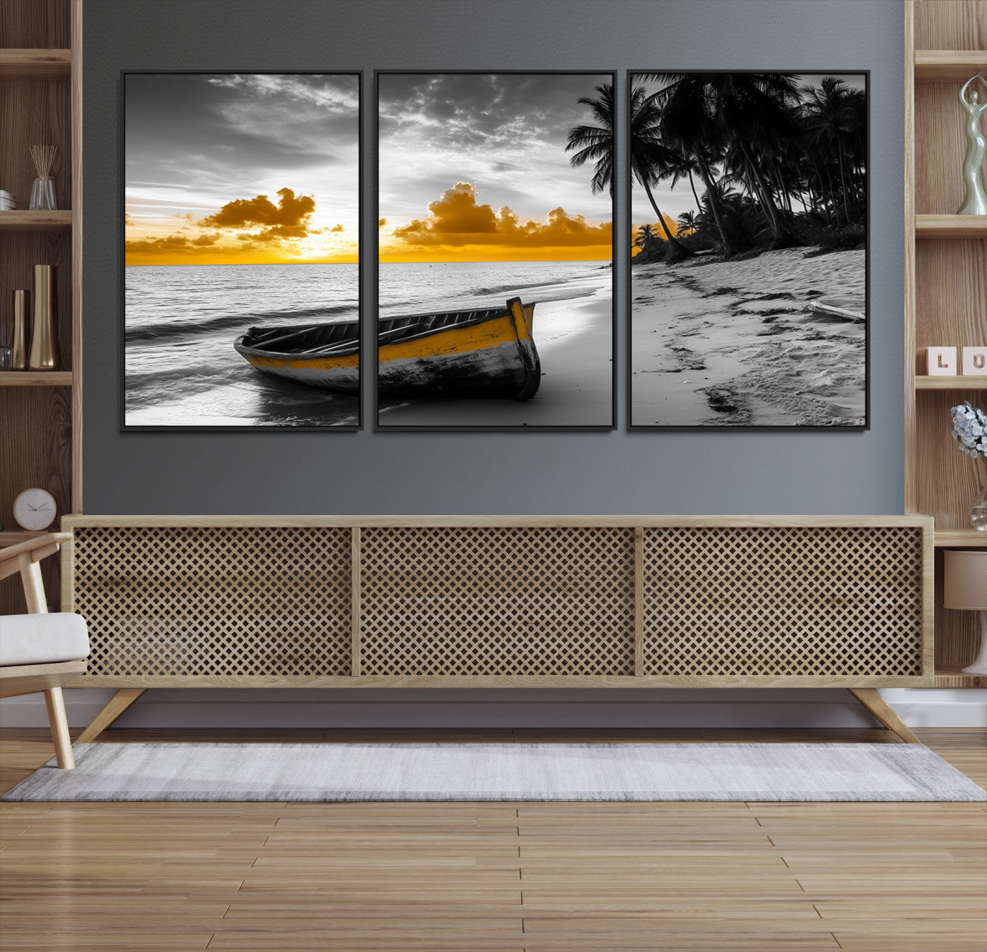 Canvas of a yellow rowboat on a black and white tropical beach with golden sunset sky, ideal for coastal or tropical-themed home decor.