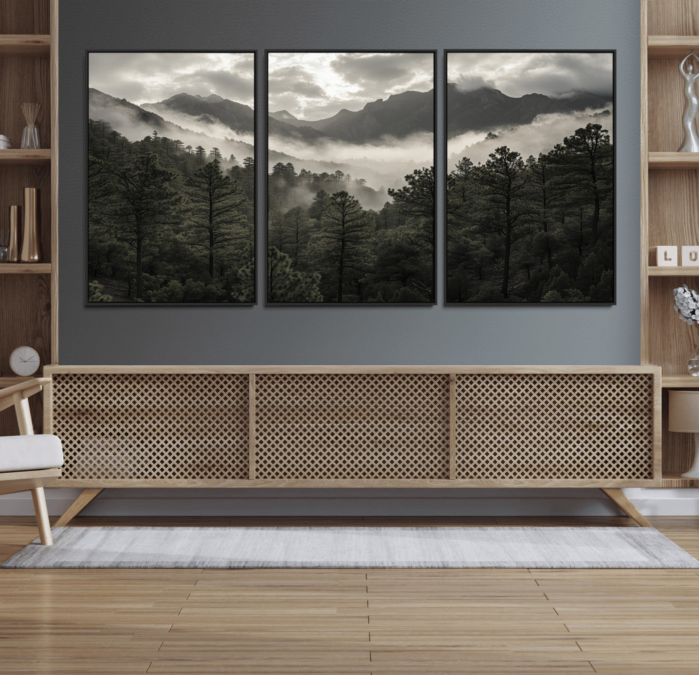 96173787-MGV-FC-60X30-3P_Black-Moody Forest Wall Art – Framed Mountain Fog Canvas Artwork, Misty Woodland Design, Tranquil Nature Decor for Home, Office