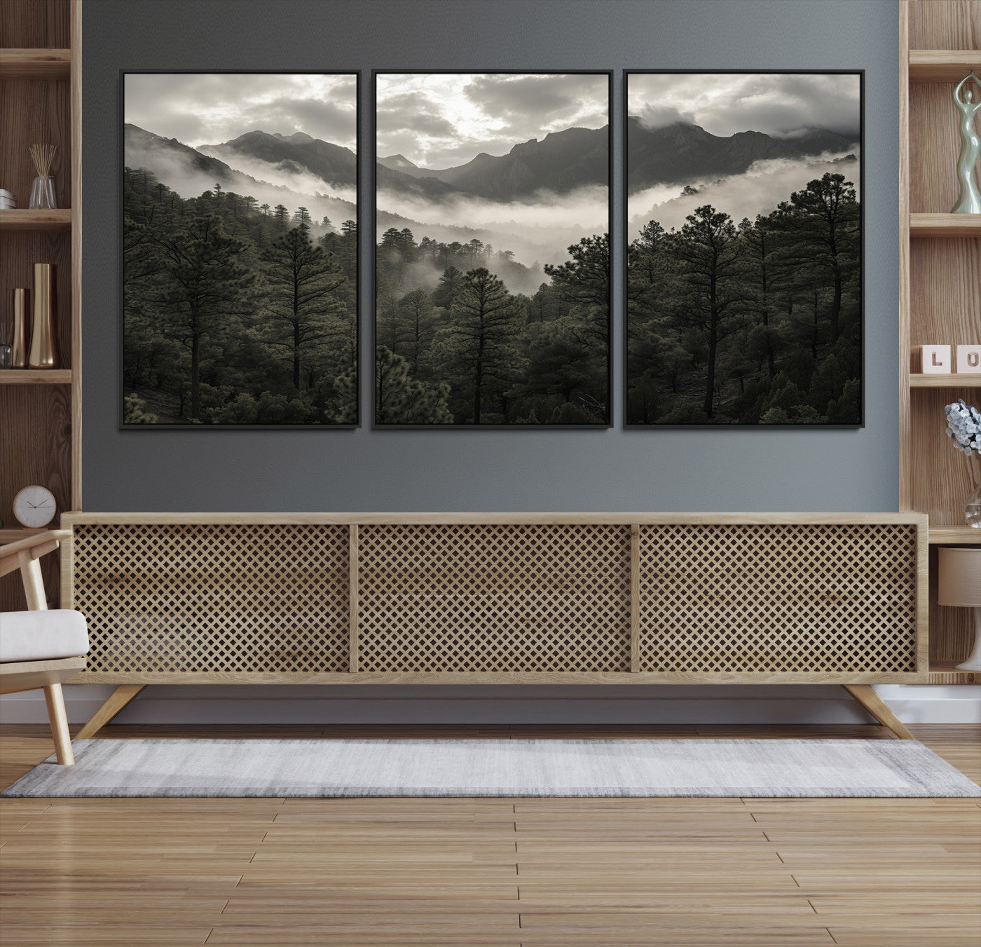 Canvas of moody pine forest and foggy mountain peaks under overcast skies, ideal for calm and rustic woodland-themed home decor.