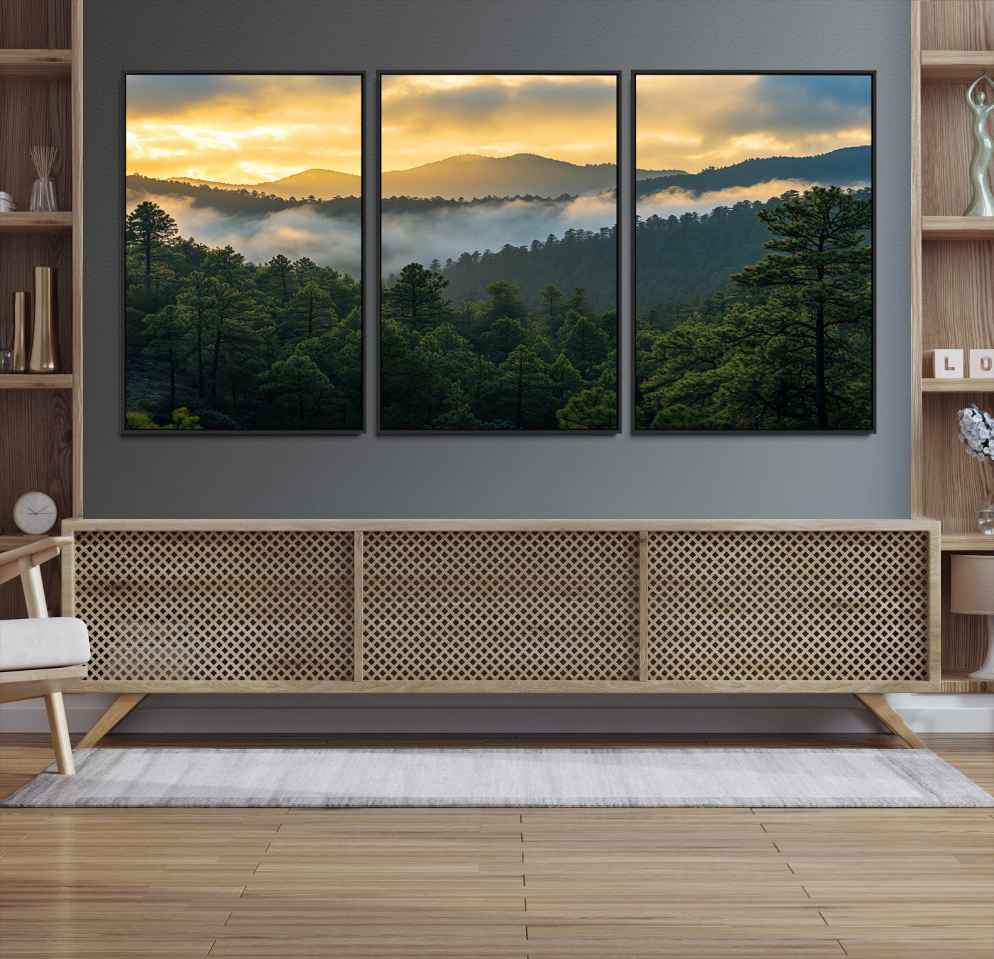 Canvas of misty pine-covered mountains at sunrise, featuring golden light and fog layers, ideal for tranquil earthy home decor.