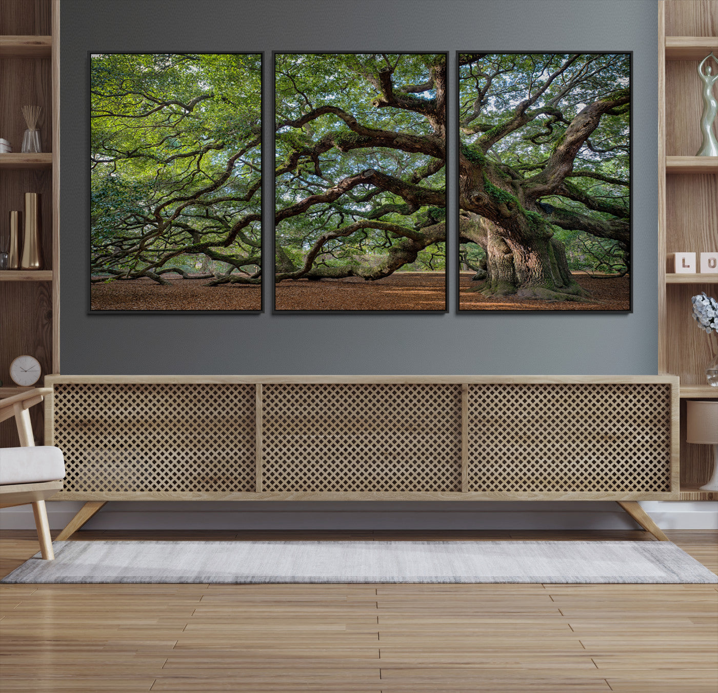 Canvas of the Angel Oak tree with sprawling limbs and mossy bark, ideal for earthy natural or rustic southern-inspired decor.