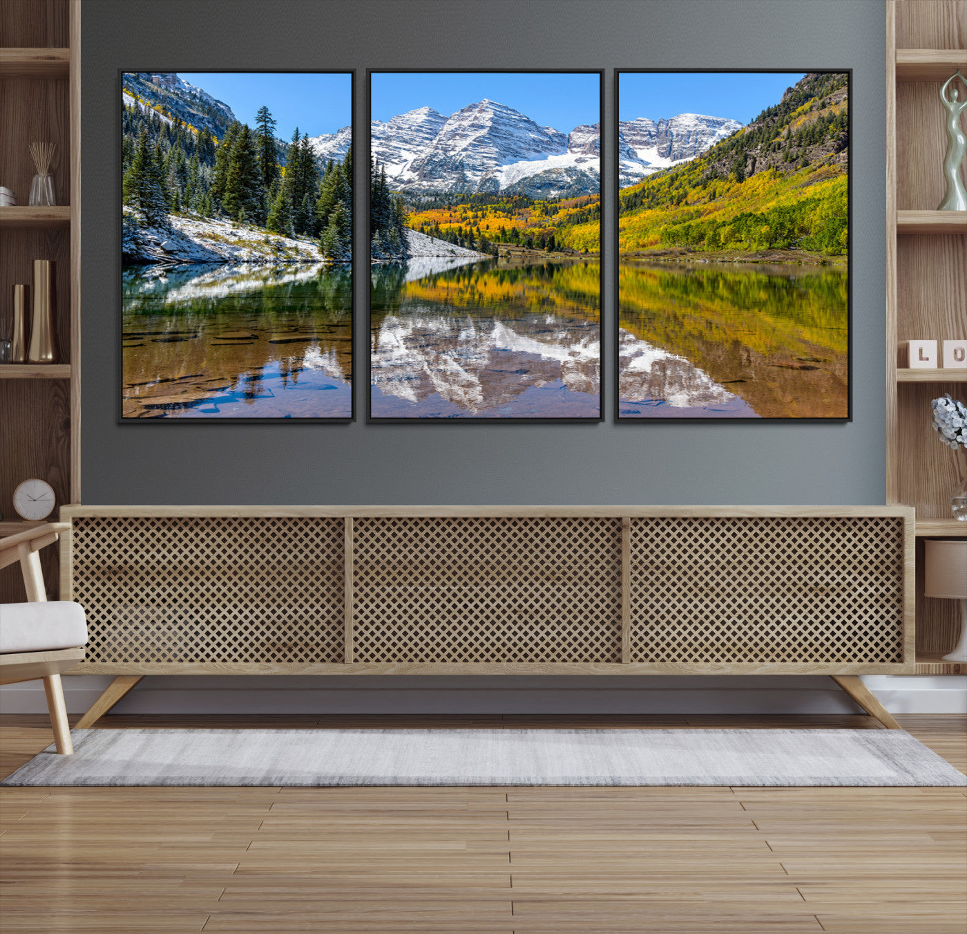 Canvas of Maroon Bells reflected in a clear alpine lake, with golden aspens and snowy peaks, ideal for crisp autumn or mountain-themed decor.