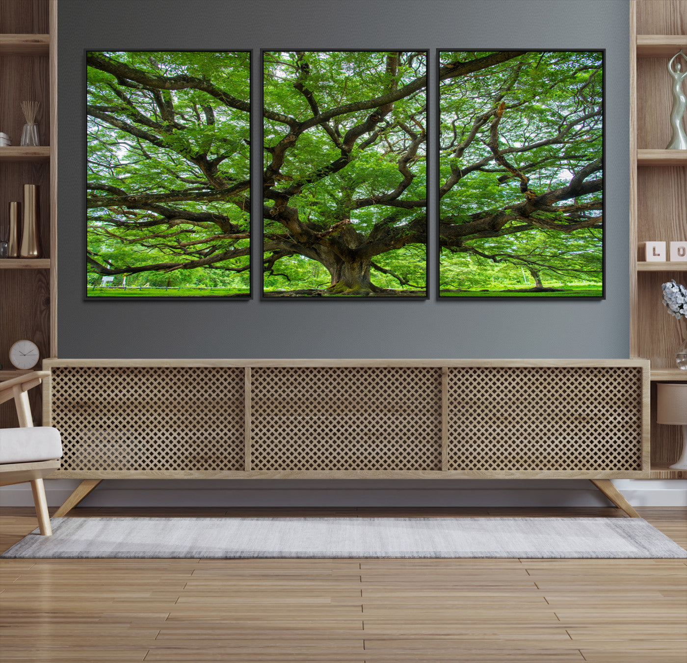 Canvas of an ancient tree with sprawling branches and vibrant green foliage, perfect for earthy, nature-inspired home decor.