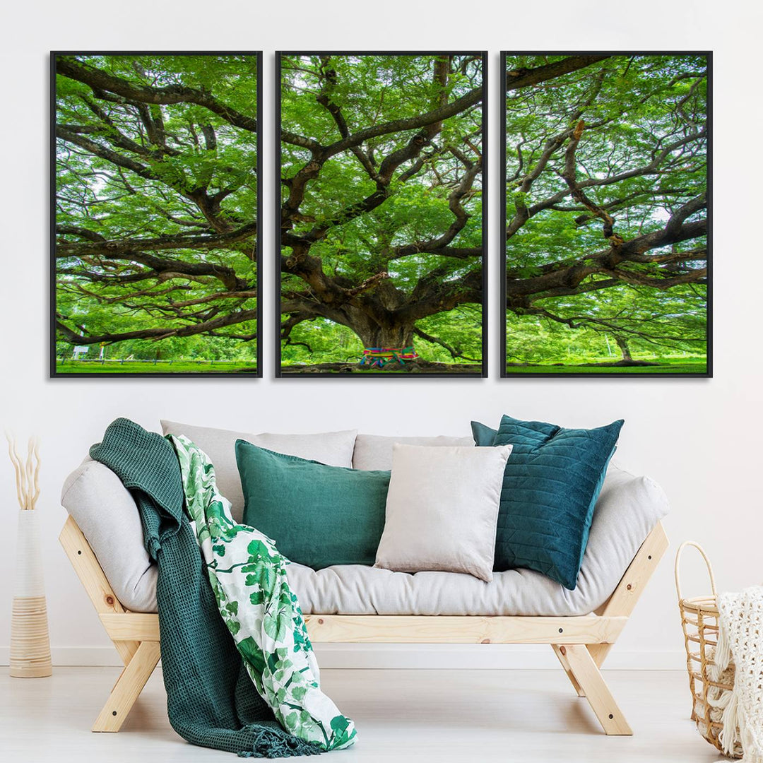 Framed Angel Oak Tree print featuring sprawling branches and ribbons against a clear sky backdrop, ideal for home or office decor.