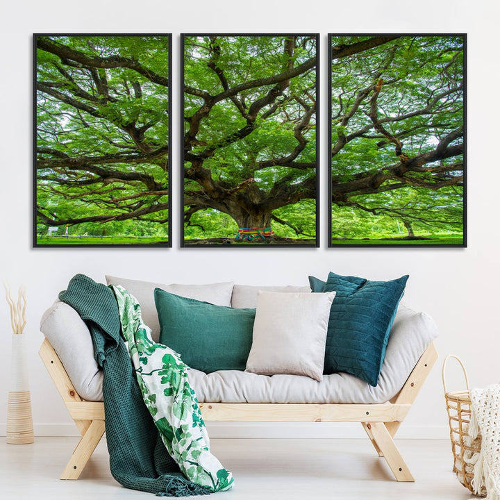 Framed Angel Oak Tree print featuring sprawling branches and ribbons against a clear sky backdrop, ideal for home or office decor.