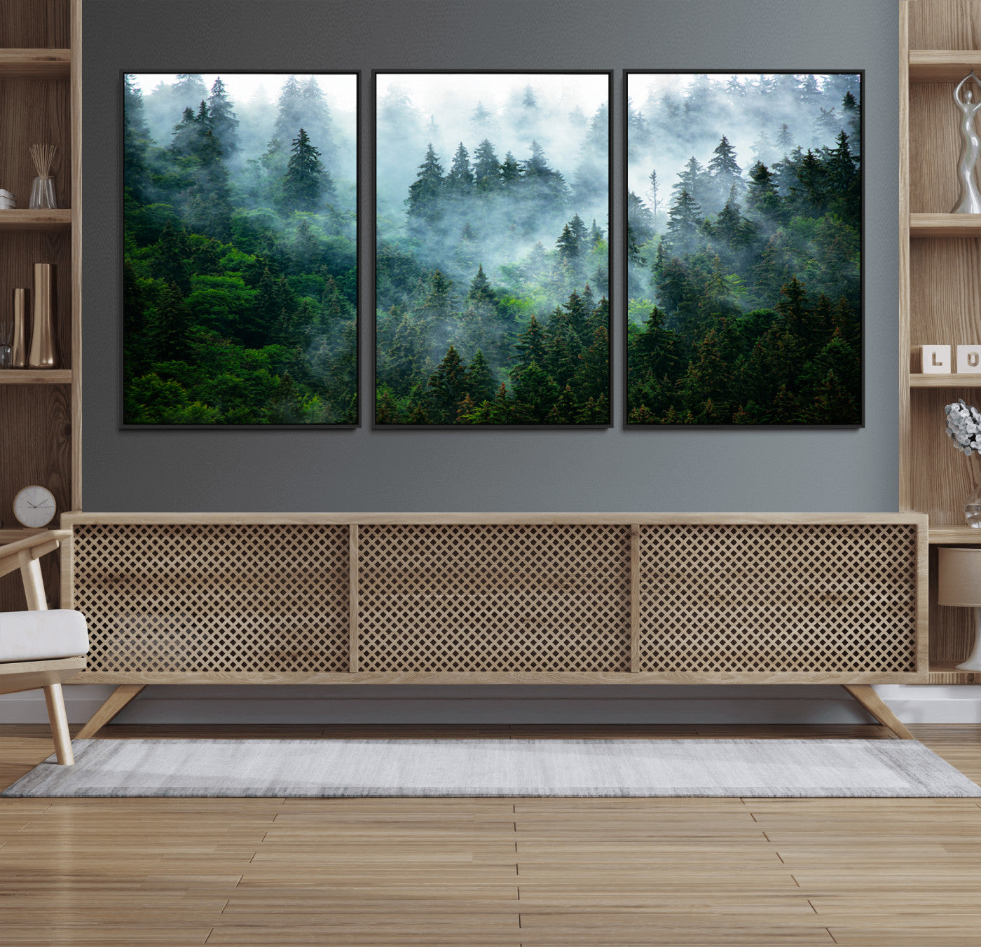 17393683-MGV-FC-60X30-3P_Black-Misty Forest Wall Art Canvas Print – Framed Foggy Mountain Scene with Serene Nature Artwork for Home, Office, Living Room