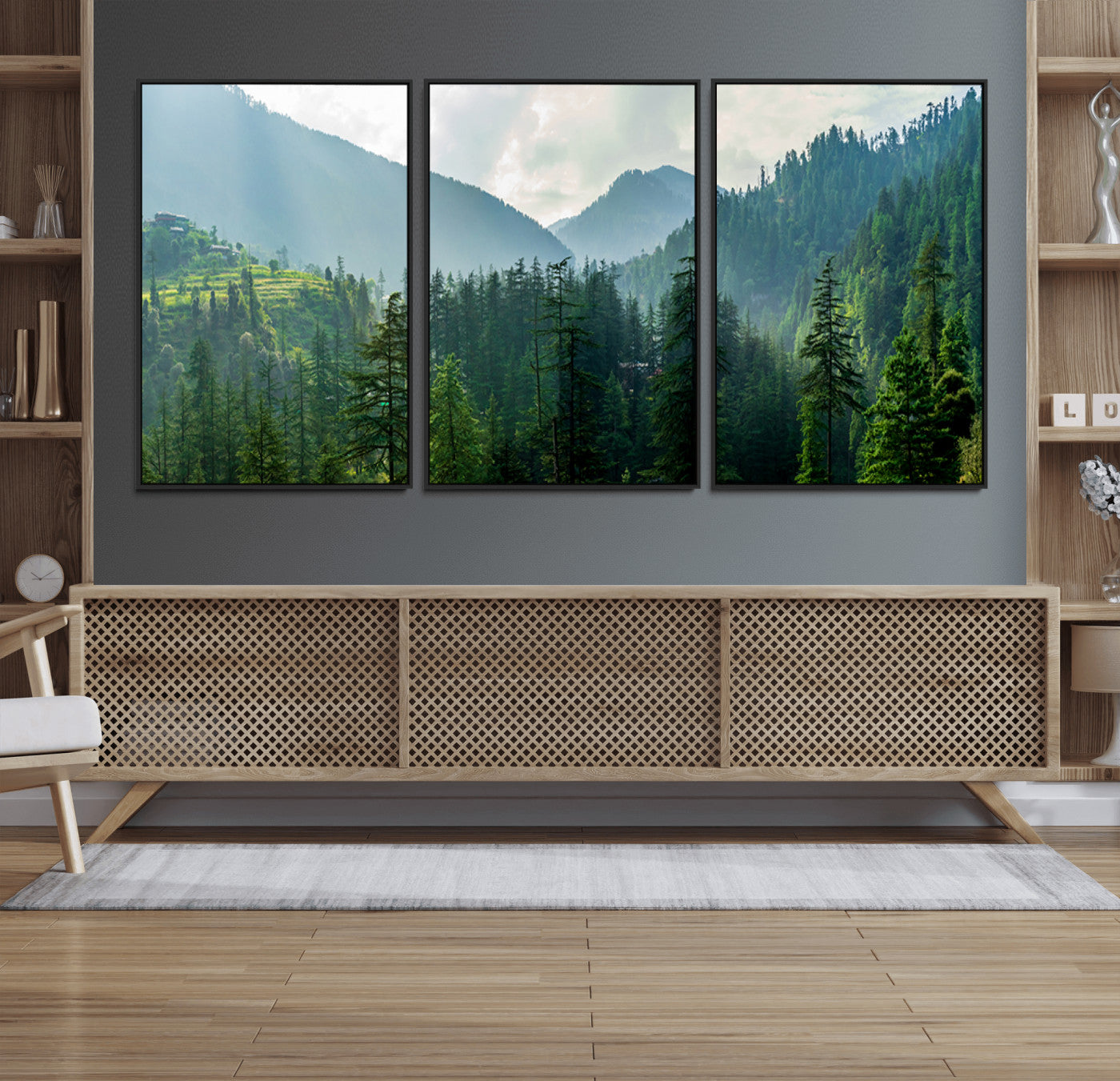 83417191-MGV-FC-60X30-3P_Black-Misty Forest Mountain Wall Art Canvas Print – Framed Serene Nature Scene with Tranquil Valley Artwork for Home, Office